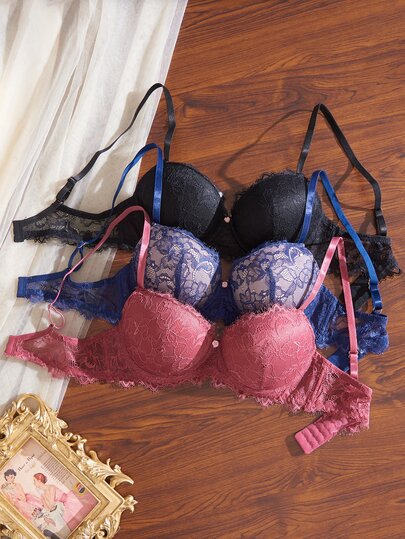 Divavoom Women's Lace Underwire Molded Cup Comfortable Bra Set 3pcs