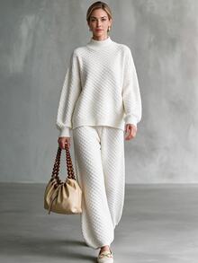 Omancia Elegant High Neck Long Sleeve Design Women's Sweater 2 Pieces Set - White - View 4