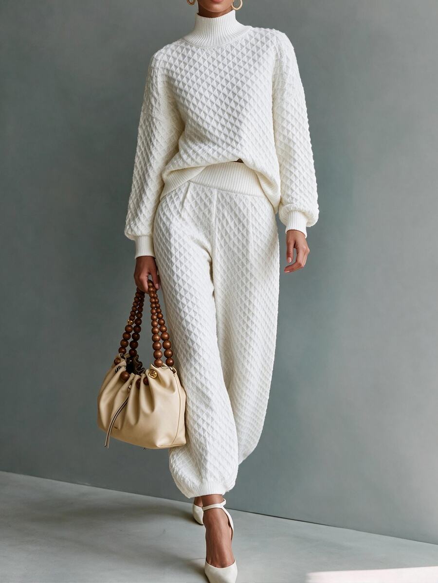 Omancia Elegant High Neck Long Sleeve Design Women's Sweater 2 Pieces Set - White - View 1