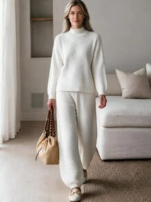 Omancia Elegant High Neck Long Sleeve Design Women's Sweater 2 Pieces Set - White - View 5