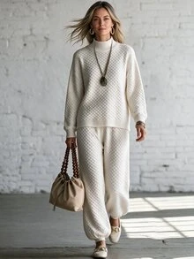 Omancia Elegant High Neck Long Sleeve Design Women's Sweater 2 Pieces Set - White - View 3