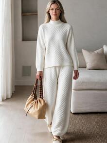 Omancia Elegant High Neck Long Sleeve Design Women's Sweater 2 Pieces Set - White - View 6