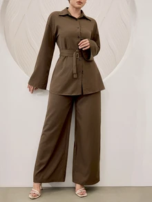 Graceveil Set 2 Potong Atasan Lengan Panjang dan Celana Wanita Warna Polos Kasual Sopan untuk Harian dan Kantor Hijau Zaitun Musim Gugur - Coklat - View 6