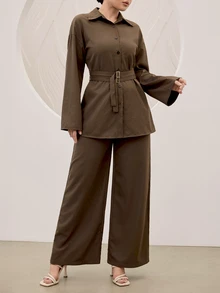 Graceveil Set 2 Potong Atasan Lengan Panjang dan Celana Wanita Warna Polos Kasual Sopan untuk Harian dan Kantor Hijau Zaitun Musim Gugur - Coklat - View 3