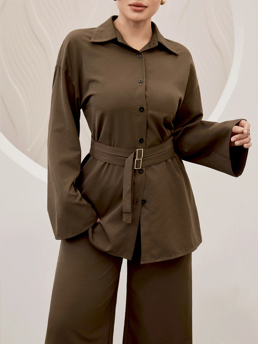 Graceveil Women's Solid Color Long Sleeve Top And Pants Casual Modest Daily 2 Pieces Set Office Olive Green Autumn - Brown - View 1