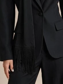 SHEIN BAE Setelan Kasual Wanita Warna Polos dengan Jaket dan Celana Lengan Panjang dan Kerah. - Hitam - View 6