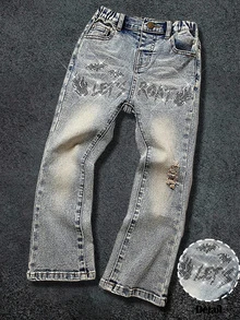 Young Boys' Halloween Distressed Letter & Bat Rhinestone Graphic Blue Denim High Stretch Skinny Ripped Jeans,For Boys Fall/Winter Streetwear Outfits - Medium Wash - View 3