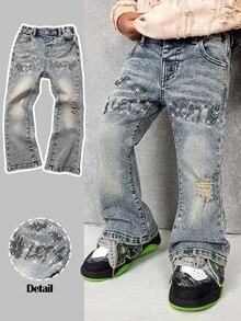Young Boys' Halloween Distressed Letter & Bat Rhinestone Graphic Blue Denim High Stretch Skinny Ripped Jeans,For Boys Fall/Winter Streetwear Outfits - Medium Wash - View 1