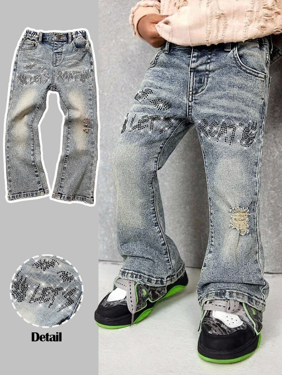 Young Boys' Halloween Distressed Letter & Bat Rhinestone Graphic Blue Denim High Stretch Skinny Ripped Jeans,For Boys Fall/Winter Streetwear Outfits - Medium Wash - View 1