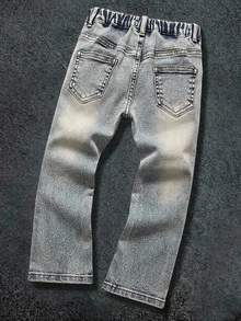 Young Boys' Halloween Distressed Letter & Bat Rhinestone Graphic Blue Denim High Stretch Skinny Ripped Jeans,For Boys Fall/Winter Streetwear Outfits - Medium Wash - View 2