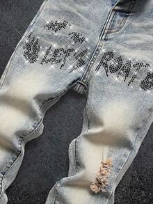 Young Boys' Halloween Distressed Letter & Bat Rhinestone Graphic Blue Denim High Stretch Skinny Ripped Jeans,For Boys Fall/Winter Streetwear Outfits - Medium Wash - View 4