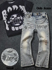 Young Boys' Halloween Distressed Letter & Bat Rhinestone Graphic Blue Denim High Stretch Skinny Ripped Jeans,For Boys Fall/Winter Streetwear Outfits - Medium Wash - View 6