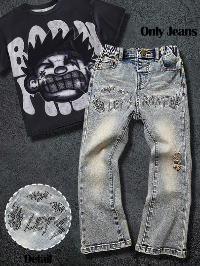 Young Boys' Halloween Distressed Letter & Bat Rhinestone Graphic Blue Denim High Stretch Skinny Ripped Jeans,For Boys Fall/Winter Streetwear Outfits