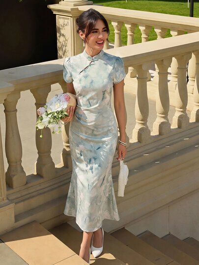 EastFlair Women's Floral Print Short Sleeve Fitted Elegant Long Dress Autumn,Elegant,Tea Party Asian Inspired Apparel
