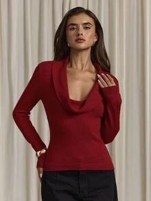 Aloruh Women's Red Cowl Neck Fitted Sweater, Autumn/Winter - Red - View 7