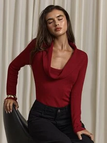 Aloruh Women's Red Cowl Neck Fitted Sweater, Autumn/Winter - Red - View 5