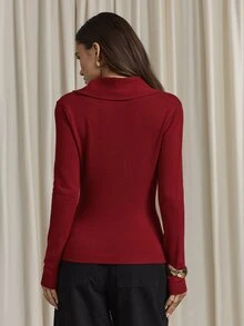 Aloruh Women's Red Cowl Neck Fitted Sweater, Autumn/Winter - Red - View 2