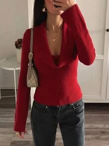 Aloruh Women's Red Cowl Neck Fitted Sweater, Autumn/Winter - Red - View 1