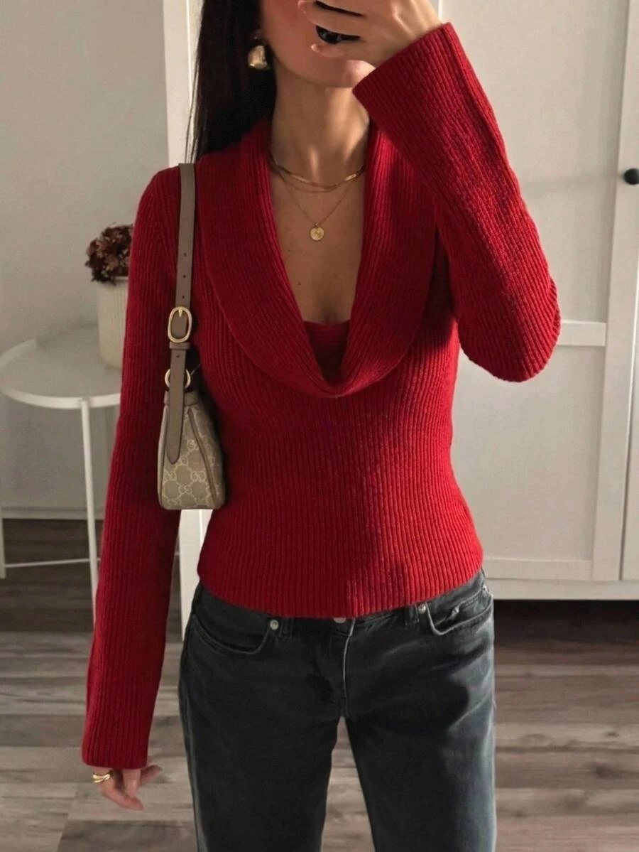 Aloruh Women's Red Cowl Neck Fitted Sweater, Autumn/Winter - Red - View 1