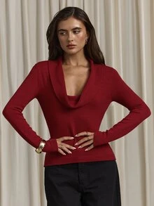 Aloruh Women's Red Cowl Neck Fitted Sweater, Autumn/Winter - Red - View 3