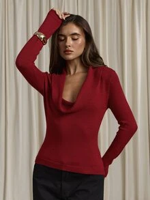 Aloruh Women's Red Cowl Neck Fitted Sweater, Autumn/Winter - Red - View 8