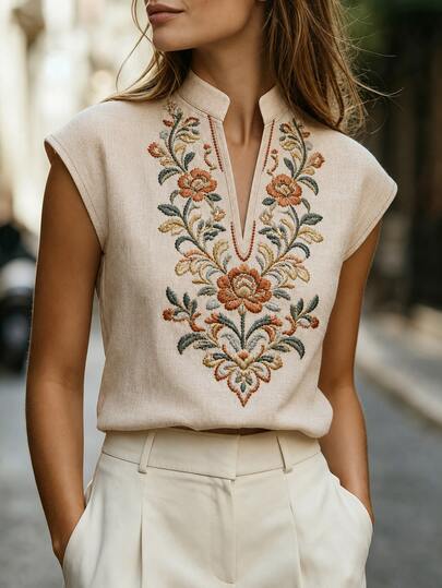 Balvessa Women's Bohemian Beige Floral Print Notch Neck Cap Sleeve Blouse, Loose Fit Elegant Casual Top, Suitable For Summer Vacation, Office And Everyday Wear
