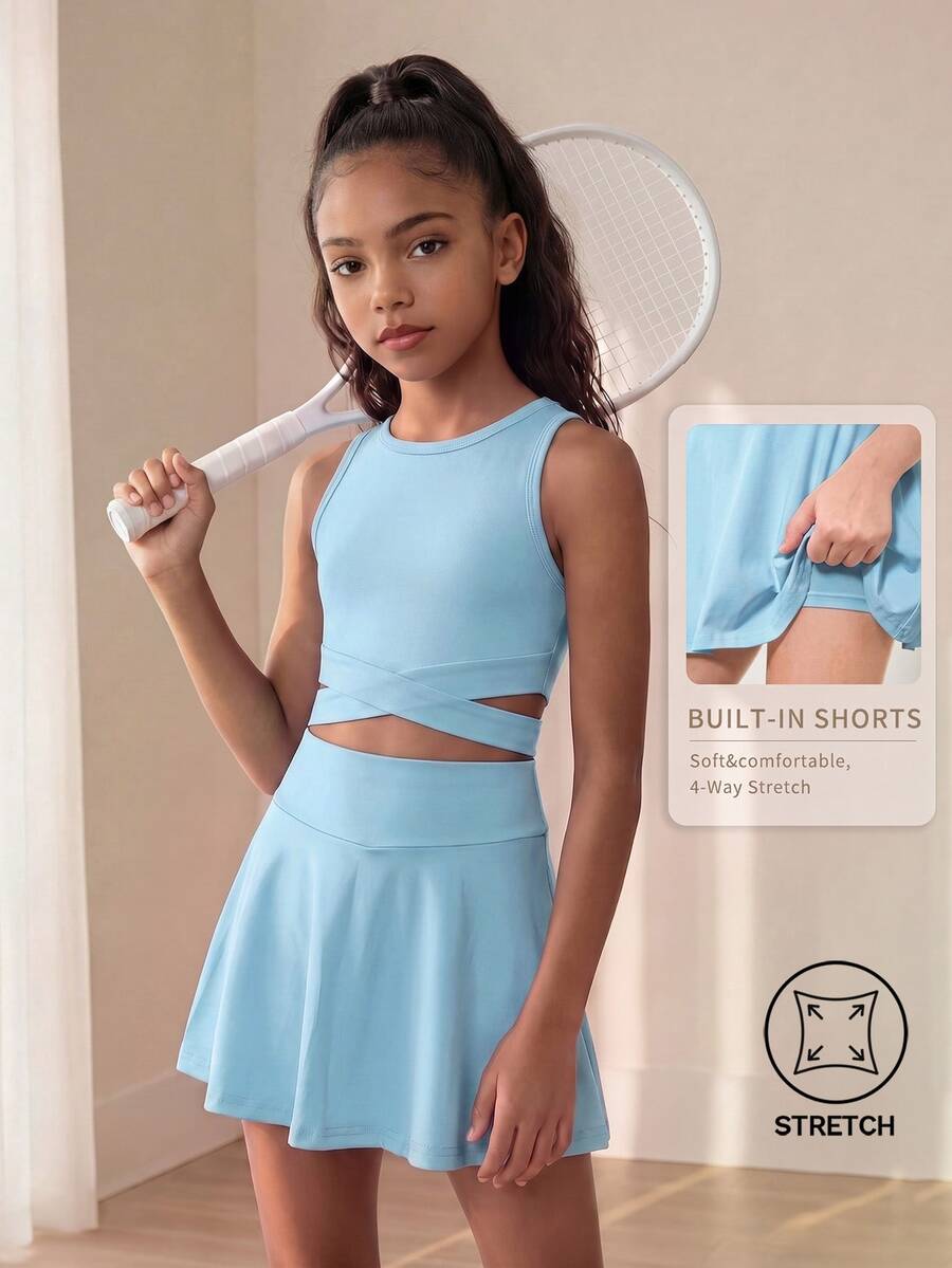 SHEIN Tween 女童无袖背心和褶皱网球裙两件套，纯蓝色，简约、休闲舒适，春夏季，运动、运动、优雅高腰设计，高腰，弹力面料