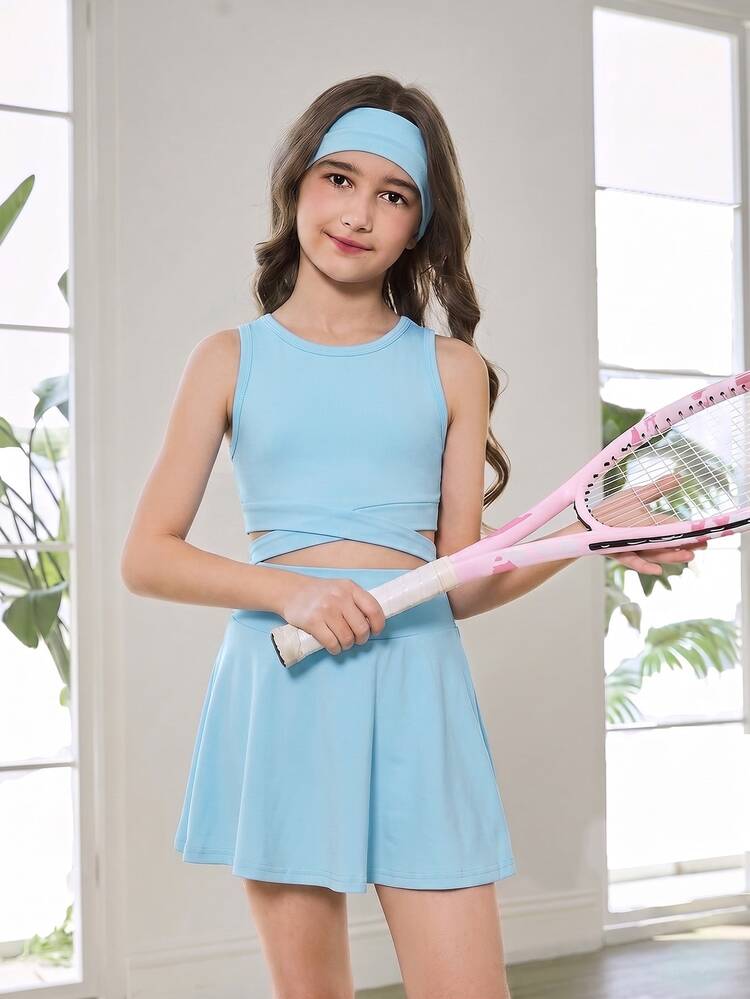 SHEIN Tween 女童无袖背心和褶皱网球裙两件套，纯蓝色，简约、休闲舒适，春夏季，运动、运动、优雅高腰设计，高腰，弹力面料 - 藍色 - 查看 3