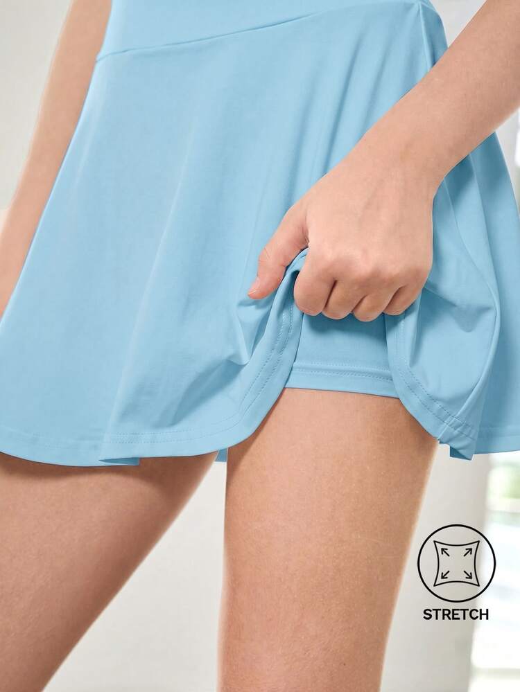 SHEIN Tween 女童无袖背心和褶皱网球裙两件套，纯蓝色，简约、休闲舒适，春夏季，运动、运动、优雅高腰设计，高腰，弹力面料 - 藍色 - 查看 4