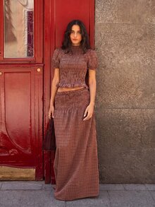 Nöista Multi-Colored Striped Puff Sleeve Top And Maxi Skirt Set. Resort, Holiday, Statement Style. Aesthetic Chic - Red - View 5
