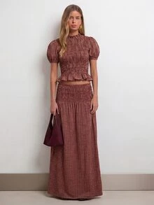 Nöista Multi-Colored Striped Puff Sleeve Top And Maxi Skirt Set. Resort, Holiday, Statement Style. Aesthetic Chic - Red - View 6