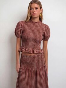 Nöista Multi-Colored Striped Puff Sleeve Top And Maxi Skirt Set. Resort, Holiday, Statement Style. Aesthetic Chic - Red - View 3
