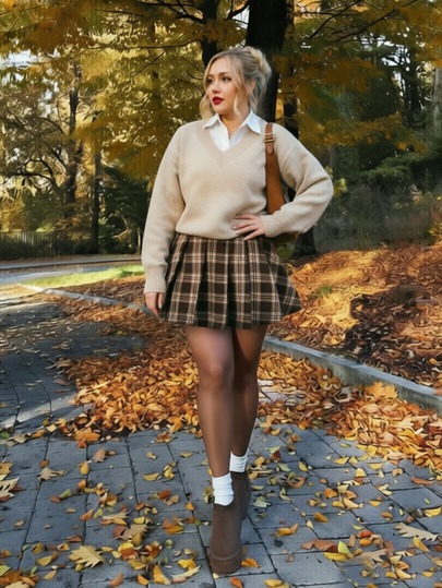 Vionelle Plus Size Autumn/Winter Vintage Brown Coffee Brushed Plaid Pleated Skirt Women High Waist Slimming Preppy Style A-Line Mini Skirt