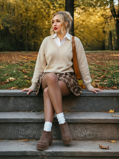 Vionelle Plus Size Autumn/Winter Vintage Brown Coffee Brushed Plaid Pleated Skirt Women High Waist Slimming Preppy Style A-Line Mini Skirt