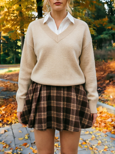 Vionelle Plus Size Autumn/Winter Vintage Brown Coffee Brushed Plaid Pleated Skirt Women High Waist Slimming Preppy Style A-Line Mini Skirt