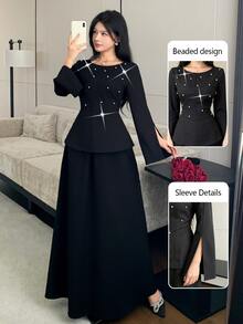 Modelyn Set 2 Potong Wanita dengan Hiasan Manik-Manik Hitam dan Desain Belahan, Elegan dan Konservatif - Hitam - View 8