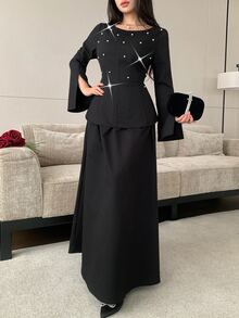 Modelyn Set 2 Potong Wanita dengan Hiasan Manik-Manik Hitam dan Desain Belahan, Elegan dan Konservatif - Hitam - View 9