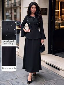 Modelyn Set 2 Potong Wanita dengan Hiasan Manik-Manik Hitam dan Desain Belahan, Elegan dan Konservatif - Hitam - View 2