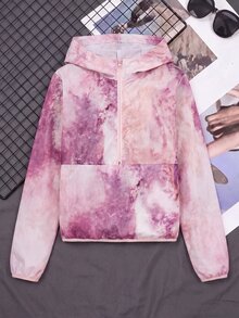 SHEIN Cheerettes 女款粉色抽象印花連帽長袖半拉鍊口袋運動外套，包容性剪裁，適合健身房健身與運動休閒，秋冬穿著 - 彩色 - 查看 2