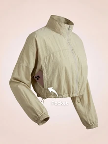 SHEIN Cheerettes Women's Solid Color Long Sleeve Zip-Up Sports Jacket - Khaki - View 2