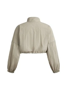 SHEIN Cheerettes Women's Solid Color Long Sleeve Zip-Up Sports Jacket - Khaki - View 4