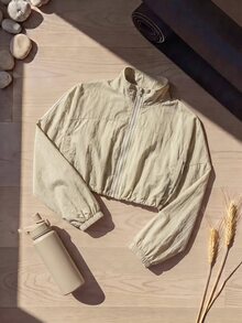 SHEIN Cheerettes Women's Solid Color Long Sleeve Zip-Up Sports Jacket - Khaki - View 1