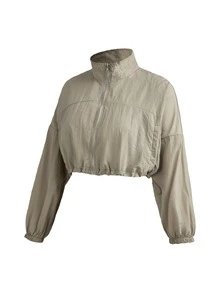 SHEIN Cheerettes Women's Solid Color Long Sleeve Zip-Up Sports Jacket - Khaki - View 5