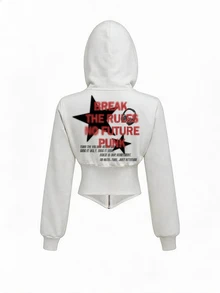 ROMWE Grunge Punk Star Punk Slogan Cute Sexy Low-Cut Zip-Up Hooded Print Sweatshirt For Women - White - View 1