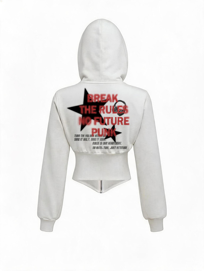 Grunge Punk Star Punk Slogan Cute Sexy Low-Cut Zip-Up Hooded Print Sweatshirt For Women
