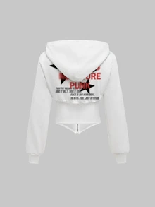 ROMWE Grunge Punk Star Punk Slogan Cute Sexy Low-Cut Zip-Up Hooded Print Sweatshirt For Women - White - View 3