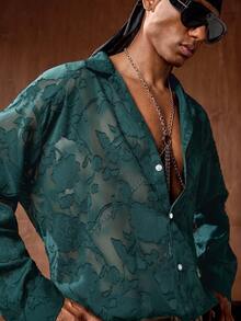 AKNOTIC Men's Party Casual Floral Single-Breasted Shirt - Dark Green - View 5