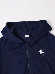 SHEIN 2pcs/Set Pakaian Olahraga Rajut Gaya Manis Putih Musim Semi/Musim Gugur untuk Anak Perempuan, Jaket Raglan Berkerudung dengan Resleting Motif Kuda Poni dan Celana Panjang Lebar, Cocok untuk Sekolah, Ulang Tahun, dan Taman Kanak-kanak - Navy Blue - View 4