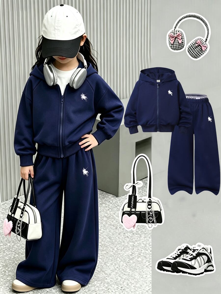 SHEIN 2pcs/Set Pakaian Olahraga Rajut Gaya Manis Putih Musim Semi/Musim Gugur untuk Anak Perempuan, Jaket Raglan Berkerudung dengan Resleting Motif Kuda Poni dan Celana Panjang Lebar, Cocok untuk Sekolah, Ulang Tahun, dan Taman Kanak-kanak - Navy Blue - View 1