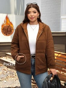 Comfylo 保暖舒適休閒灰色毛絨外套，大尺碼，適合外出，秋季冬季 - 棕色 - 查看 2